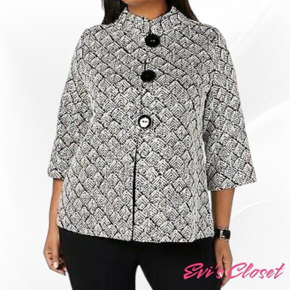 Jm Collection Very Vip Foil Print Jacket Silver Black 3/4 Sleeve Size XL NWT - Picture 1 of 14